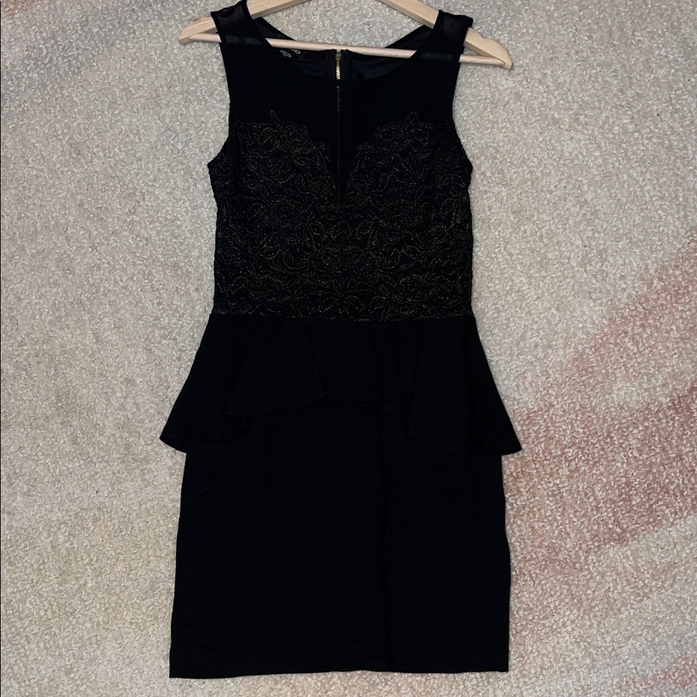 bebe Black and Gold Lace Mini Peplum Dress